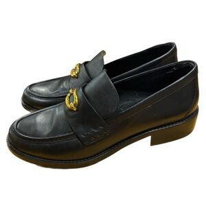 Massimo Dutti Leather Black Loafers with Gold Embellishment Size 39 Women’s
